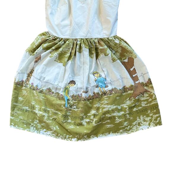 Vintage 70s Handmade Flavia Print Sundress Women’s Cream Green Fit & Flare Dress - Picture 6 of 16